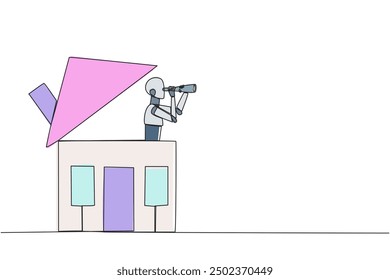 Continuous one line drawing a smart robot emerges from the miniature house looking for something through binoculars. Scan. Analyze needs. Future smart home. Single line draw design vector illustration