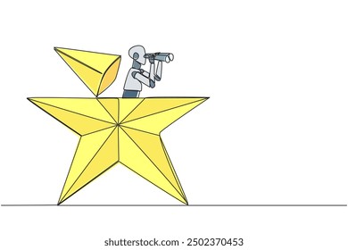 Continuous one line drawing smart robot emerges from star shape look for something with binocular. Technology lover. Achieve dreams by creating smart robot. Single line draw design vector illustration