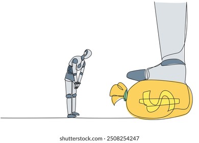 Continuous one line drawing smart robot nodded in front of the giant foot stepping on the money bag. A robot that can maintain profits very well. AI tech. Single line draw design vector illustration