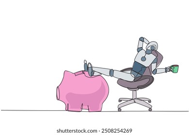 Continuous one line drawing smart robot sitting on work chair holding mug. Foot resting on piggy bank. Programmed to generate investment. Future technology. Single line draw design vector illustration