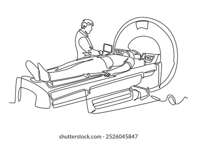 Continuous one line drawing smart and helpful male doctor doing MRI procedure to CT scanning male cancer patient. Medical treatment service concept. Single line draw design vector graphic illustration