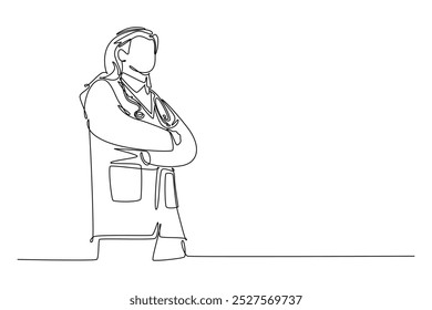 Continuous one line drawing smart male Arabian doctor standing with folded hands gesture at hospital. Medical health care humanity service concept. Single line draw design vector graphic illustration