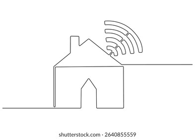 Continuous one line drawing of Smart home and Wifi. Single line drawing illustration of House Smart wireless icon. Digital Smart house system concept vector art. Doodle line illustration.