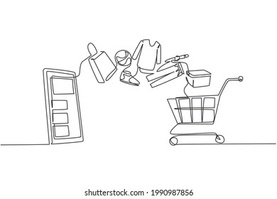 Continuous one line drawing smartphone and shopping cart with products purchased online. E-commerce and digital marketing. Order to cart concept. Single line draw design vector graphic illustration