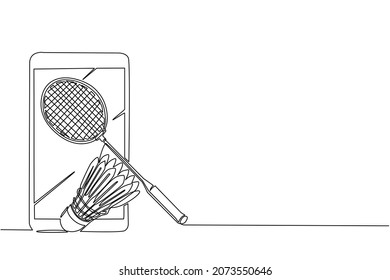 Kontinuierliche Zeichnen einer Linie Smartphone, Badminton-Schläger und Shuttlecock. Ausstattung für Badminton-Spielsport einzeln auf Hintergrund in flachem Design. Vektorgrafik-Illustration mit Einzelzeilenzeichnung