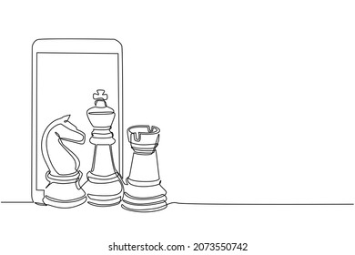 Continuous one line drawing smartphone and chess pieces silhouette icon set isolated on white background. Black chess figures bishop, knight, rook game elements. Single line draw graphic design vector