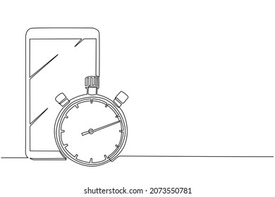 Continuous one line drawing smartphone and stopwatch, special watch to start, stop, measure. Sport and competition equipment. Timer return arrow icon, stop watch logo. Single line draw design vector