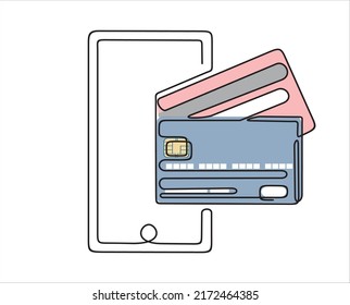 Dibujo continuo de una línea de Smartphone y tarjetas de crédito. Icono de teléfono y tarjetas bancarias. Transferencia electrónica de fondos de dinero. Software de teléfono de tarjeta de plástico.