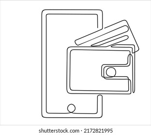 Continuous One Line Drawing Of Smartphone And Wallet With Credit Card Inside. Poster Phone And Bank Cards Icon. Electronic Money Funds Transfer. Plastic Card Phone Software.