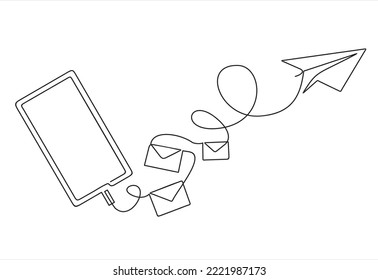 Continuous one line drawing of smartphone sending instant message with flying envelope and paper airplane