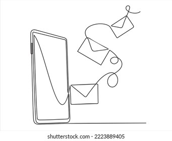 Continuous one line drawing of smartphone sending instant message with flying envelopes