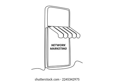Dibujo continuo de una línea de la pantalla Smartphone con icono del dosel de la tienda. Concepto de marketing. Ilustración gráfica vectorial de diseño de líneas simples.