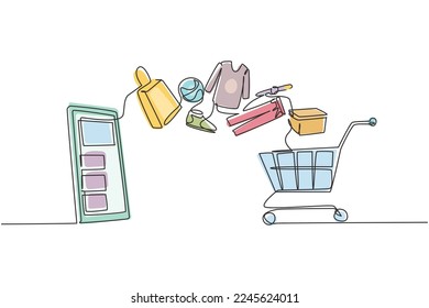 Continuous one line drawing smartphone and shopping cart with products purchased online. E-commerce and digital marketing. Order to cart concept. Single line draw design vector graphic illustration