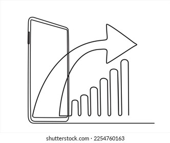 Kontinuierliche 1-zeilige Zeichnung von Smartphone mit Graph auf Bildschirm einzeln auf weißem Hintergrund. Investitions- und Finanzierungskonzept.