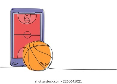 Un teléfono inteligente de una línea con cancha de baloncesto de aplicación y bola. Juegos de baloncesto en línea. Aplicaciones de Smartphone. Baloncesto móvil. ilustración vectorial de diseño de línea única