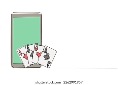 Continuous one line drawing smartphone and set of four aces playing cards suits. Winning poker hand. Set of hearts, spades, clubs and diamonds ace. Single line draw design vector graphic illustration