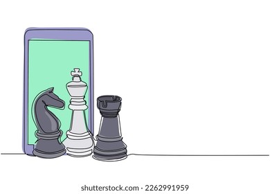 Continuous one line drawing smartphone and chess pieces silhouette icon set isolated on white background. Black chess figures bishop, knight, rook game elements. Single line draw graphic design vector