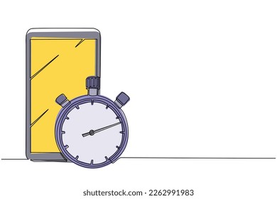 Continuous one line drawing smartphone and stopwatch, special watch to start, stop, measure. Sport and competition equipment. Timer return arrow icon, stop watch logo. Single line draw design vector