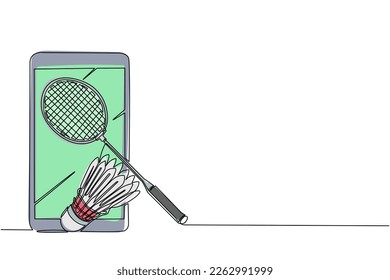 Un teléfono inteligente de una línea, una raqueta de bádminton y un bloqueo. Equipamientos para deporte de juegos de bádminton aislados en el fondo en diseño plano. ilustración vectorial de diseño de línea única