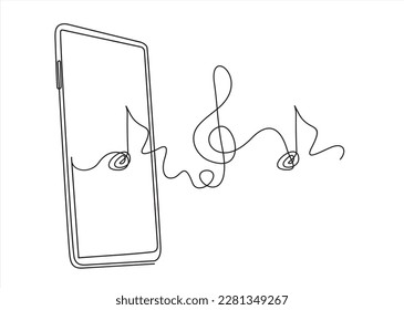 Continuous one line drawing of smartphone with music  treble clef and notes  inside as line drawing on white background.