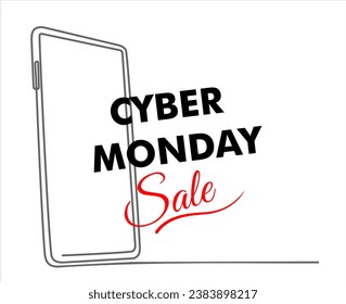 Kontinuierliche Zeichnung einer Linie von Smartphone. Rabatt auf Smartphone mit nur einer Leitung. Cybermontag - eine Zeilenzeichnung