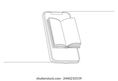 Continuous one line drawing of smartphone with open book on screen, e-book reading, online learning concept, single line art.