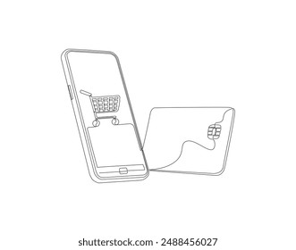 Continuous one line drawing of smartphone and credit card. One line drawing illustration of phone and bank card. Electronic money, E-commerce concept continuous line art. Editable outline.