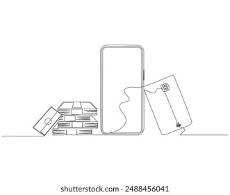 Continuous one line drawing of smartphone and credit card. One line drawing illustration of phone and bank card. Electronic money, E-commerce concept continuous line art. Editable outline.