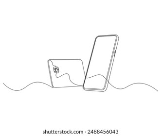 Continuous one line drawing of smartphone and credit card. One line drawing illustration of phone and bank card. Electronic money, E-commerce concept continuous line art. Editable outline.