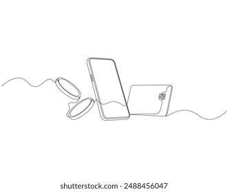 Continuous one line drawing of smartphone and credit card. One line drawing illustration of phone and bank card. Electronic money, E-commerce concept continuous line art. Editable outline.