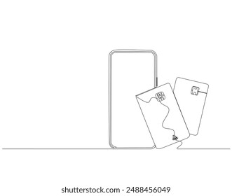 Continuous one line drawing of smartphone and credit card. One line drawing illustration of phone and bank card. Electronic money, E-commerce concept continuous line art. Editable outline.