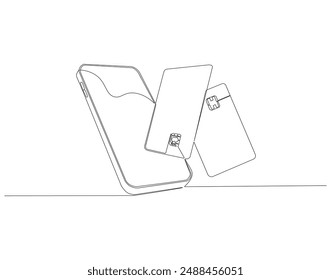 Continuous one line drawing of smartphone and credit card. One line drawing illustration of phone and bank card. Electronic money, E-commerce concept continuous line art. Editable outline.