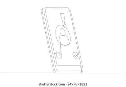 Continuous one line drawing of smartphone with notification of incoming call from scammer, phone scam alert concept, single line art.