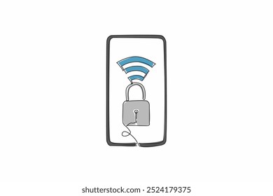 Continuous one line drawing a smartphone has a padlock and a Wi-Fi symbol on its screen. Protecting personal data on mobile device. Safer Internet Day. Single line draw design vector illustration