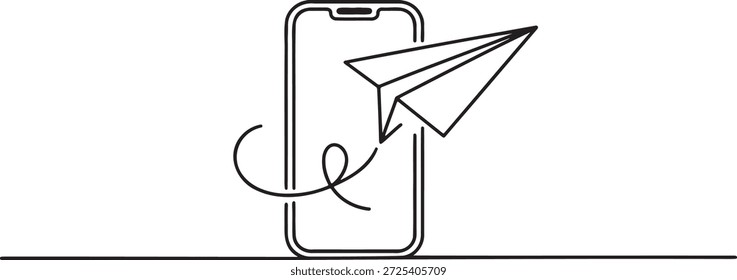 Dibujo continuo de una línea de teléfono inteligente con avión de papel. Concepto de mensajería móvil, comunicación en línea o envío de información. Conectividad digital y tecnología. Esquema sobre fondo aislado.