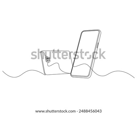 Continuous one line drawing of smartphone and credit card. One line drawing illustration of phone and bank card. Electronic money, E-commerce concept continuous line art. Editable outline.