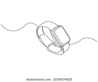Continuous one line drawing of smartwatch. One line drawing illustration of fitness bracelet smartwatch. Clock touchscreen, technology concept single line. Editable outline