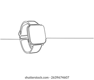 Continuous one line drawing of smartwatch. One line drawing illustration of fitness bracelet smartwatch. Clock touchscreen, technology concept single line. Editable outline