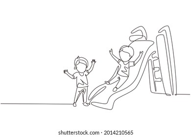 Continuous One Line Drawing Smiling Preschool Boy Sliding Down Slide And Happy Friend Seeing Him On Side Of Slide. Kids Playing Together On Playground. Single Line Design Vector Graphic Illustration