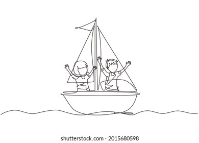 Continuous one line drawing smiling boy and girl in sailboat together. Happy kids sailing boats. Cute children on boat. Joyful adventures and travel. Single line design vector graphic illustration