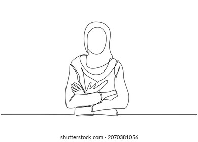 Continuous one line drawing smiling confident Arabian woman in hijab  keeping arms crossed  Active businesswoman standing and folded arms pose  Single line draw design vector graphic illustration