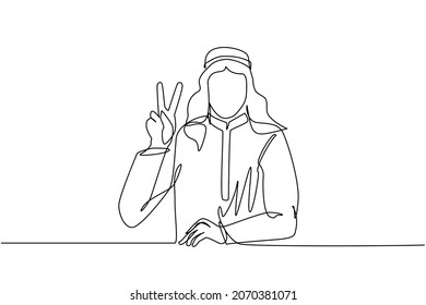 Continuous one line drawing smiling Arabian man is showing victory sign. Young businessman gesture success. Male doing victory sign. Sign of success and peace. Single line draw design vector graphic