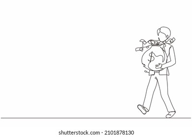 Continuous one line drawing smiling businessman walking and carrying big heavy sack full of cash money. Green banknotes flying out of bag with dollar sign on it. Single line draw design vector graphic
