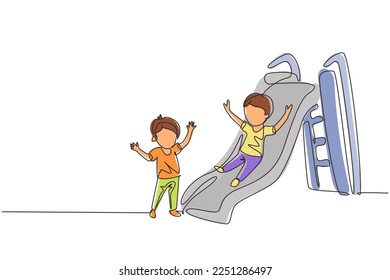 Continuous one line drawing smiling preschool boy sliding down slide and happy friend seeing him on side of slide. Kids playing together on playground. Single line design vector graphic illustration