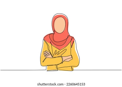 Continuous one line drawing smiling confident Arabian woman in hijab  keeping arms crossed  Active businesswoman standing and folded arms pose  Single line draw design vector graphic illustration