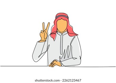 Continuous one line drawing smiling Arabian man is showing victory sign. Young businessman gesture success. Male doing victory sign. Sign of success and peace. Single line draw design vector graphic