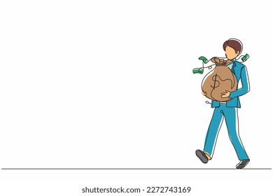 Continuous one line drawing smiling businessman walking and carrying big heavy sack full of cash money. Green banknotes flying out of bag with dollar sign on it. Single line draw design vector graphic