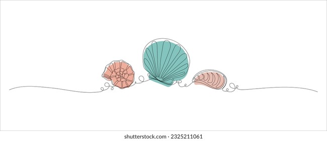 Continuous one line drawing of snail scallop and clum sea shell. Seashell symbol and banner for beauty, spa or wellness salon in simple  linear style. Doodle Vector illustration