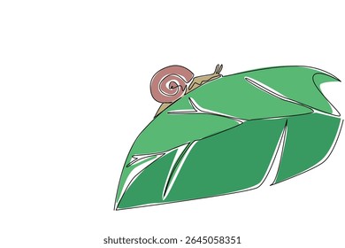 Continuous one line drawing snail walking beside leaf. Perch on the leaves at once to crush them completely. Trying to adapt. Habitat. National Snail Day. Single line draw design vector illustration