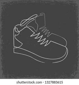 Continuous one line drawing sneakers vector icon. Symbol of running shoes. Thin line Icon of Fashion sports footwear. Outline illustration lace-up hand drawn clipart. Chalk doodle on grey background.